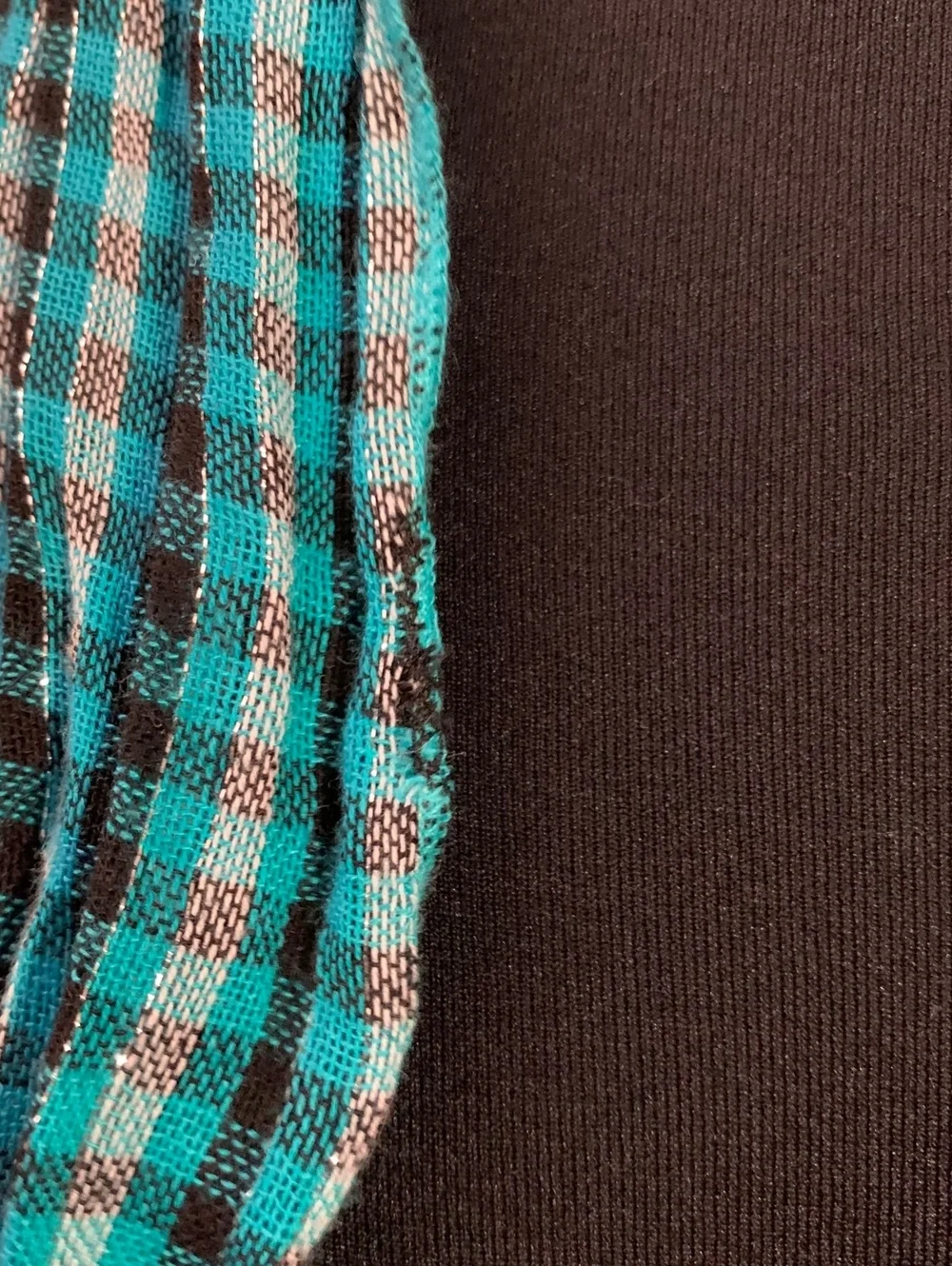 Teal Black Checkered Gingham Plaid Scarf Silver Metallic Stripe Fringe Emo